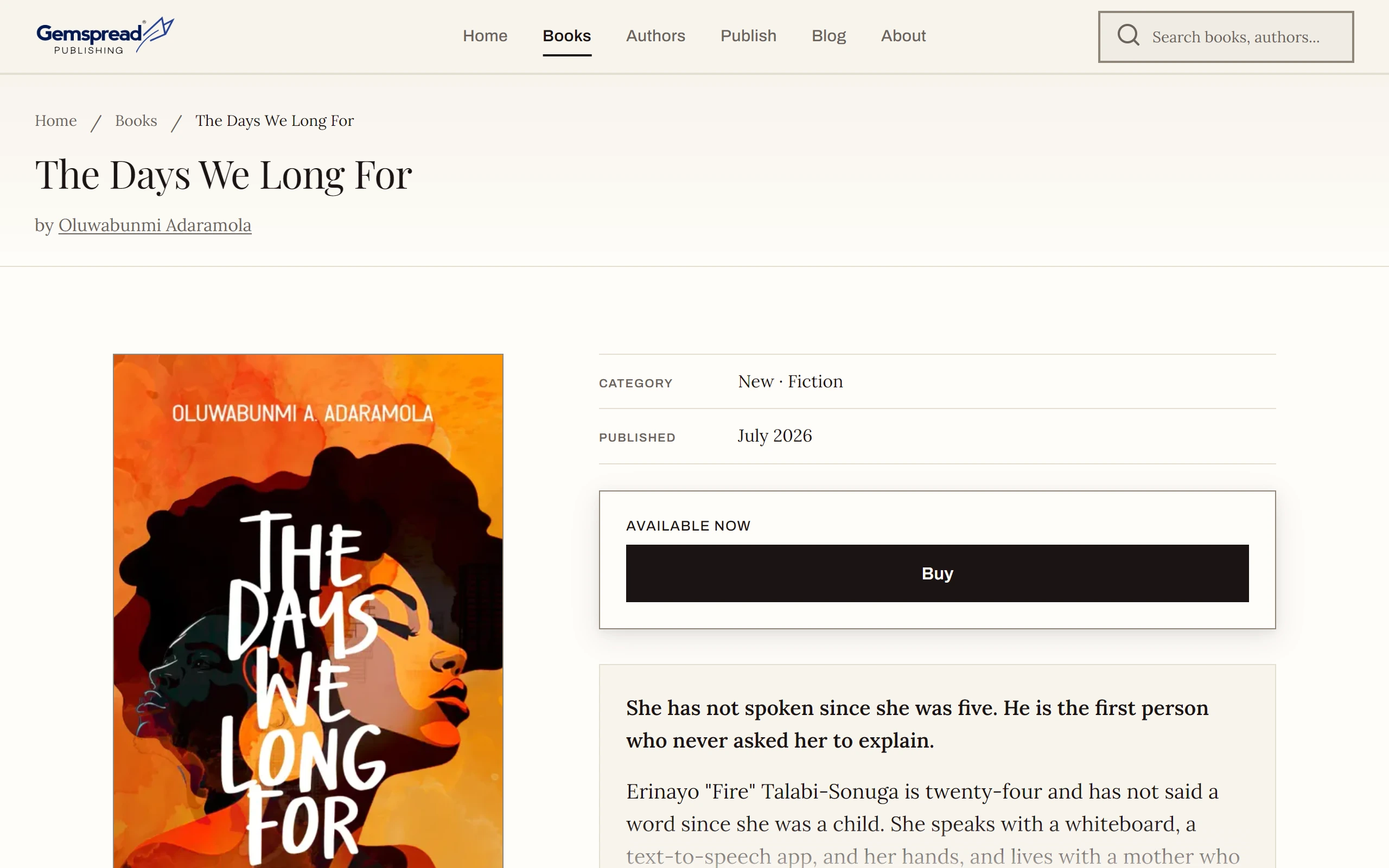 The book page for The Days We Long For on a laptop: the cover on the left; category, publication date and an Available now box with a Buy button on the right, above the blurb.