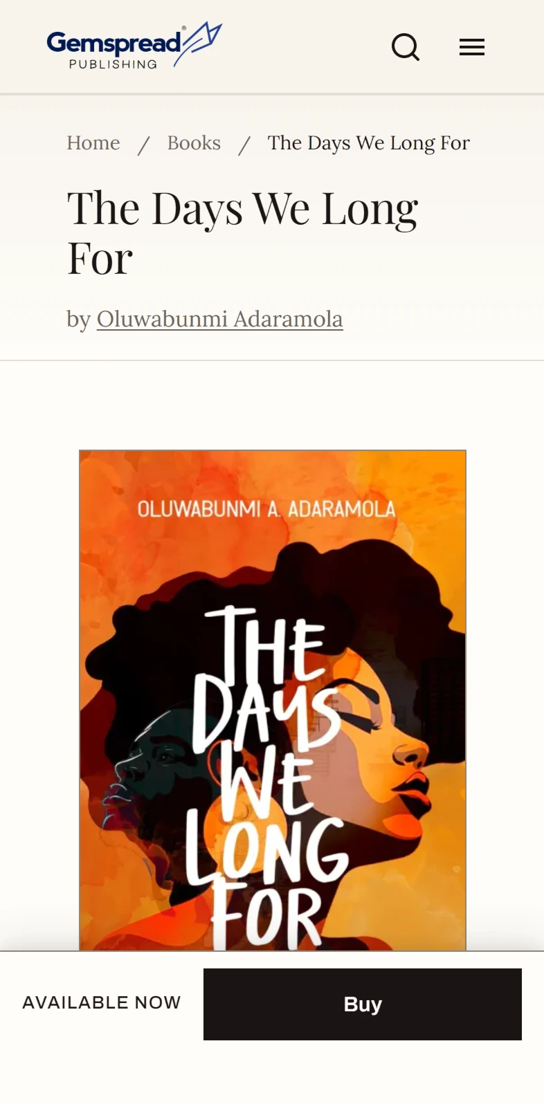 The same book page on a phone: title, author and cover, with an Available now bar and Buy button fixed to the bottom of the screen.