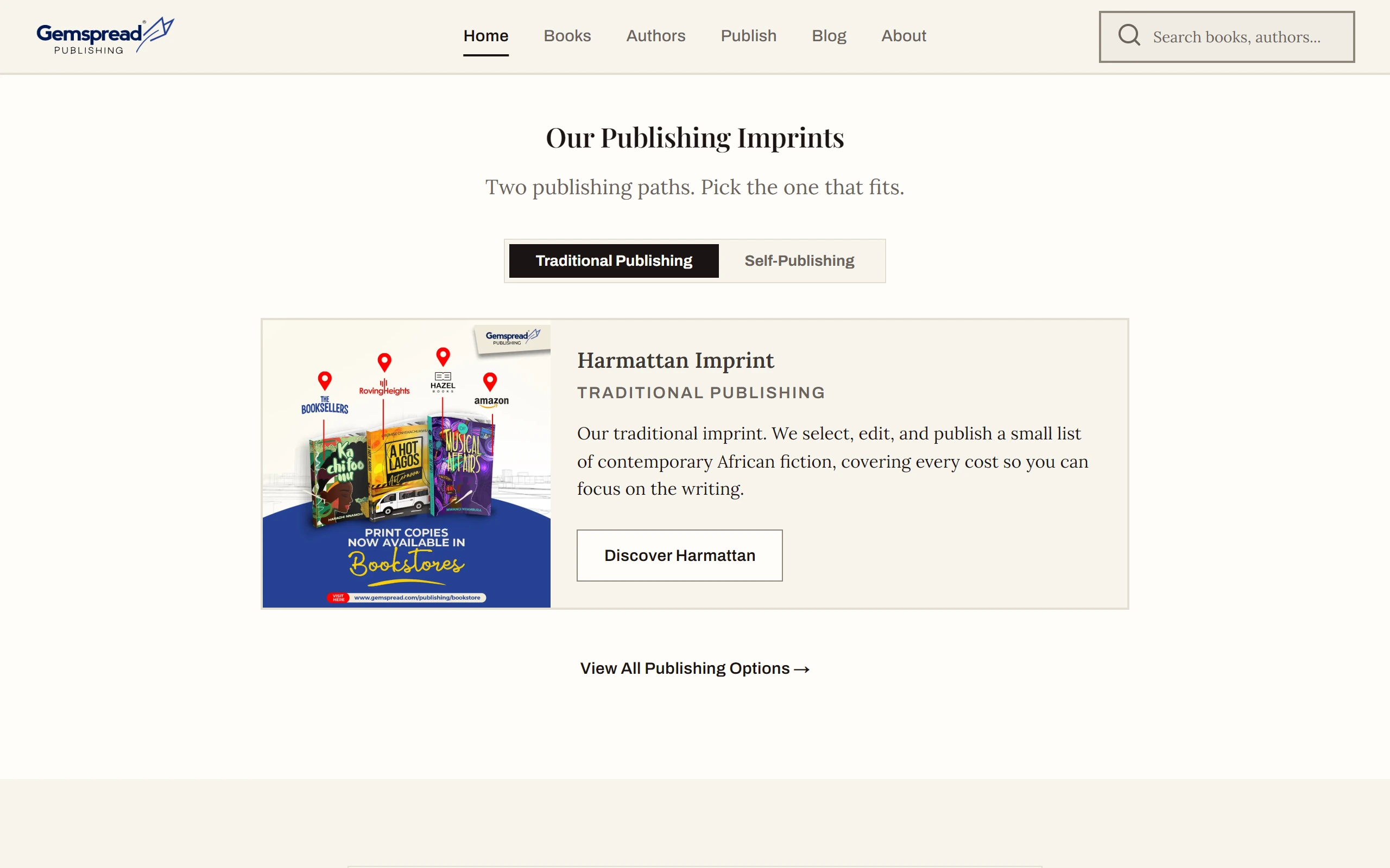 The homepage's Our Publishing Imprints section on a laptop: Two publishing paths. Pick the one that fits, a Traditional Publishing / Self-Publishing toggle, and the Harmattan Imprint card with a Discover Harmattan button.
