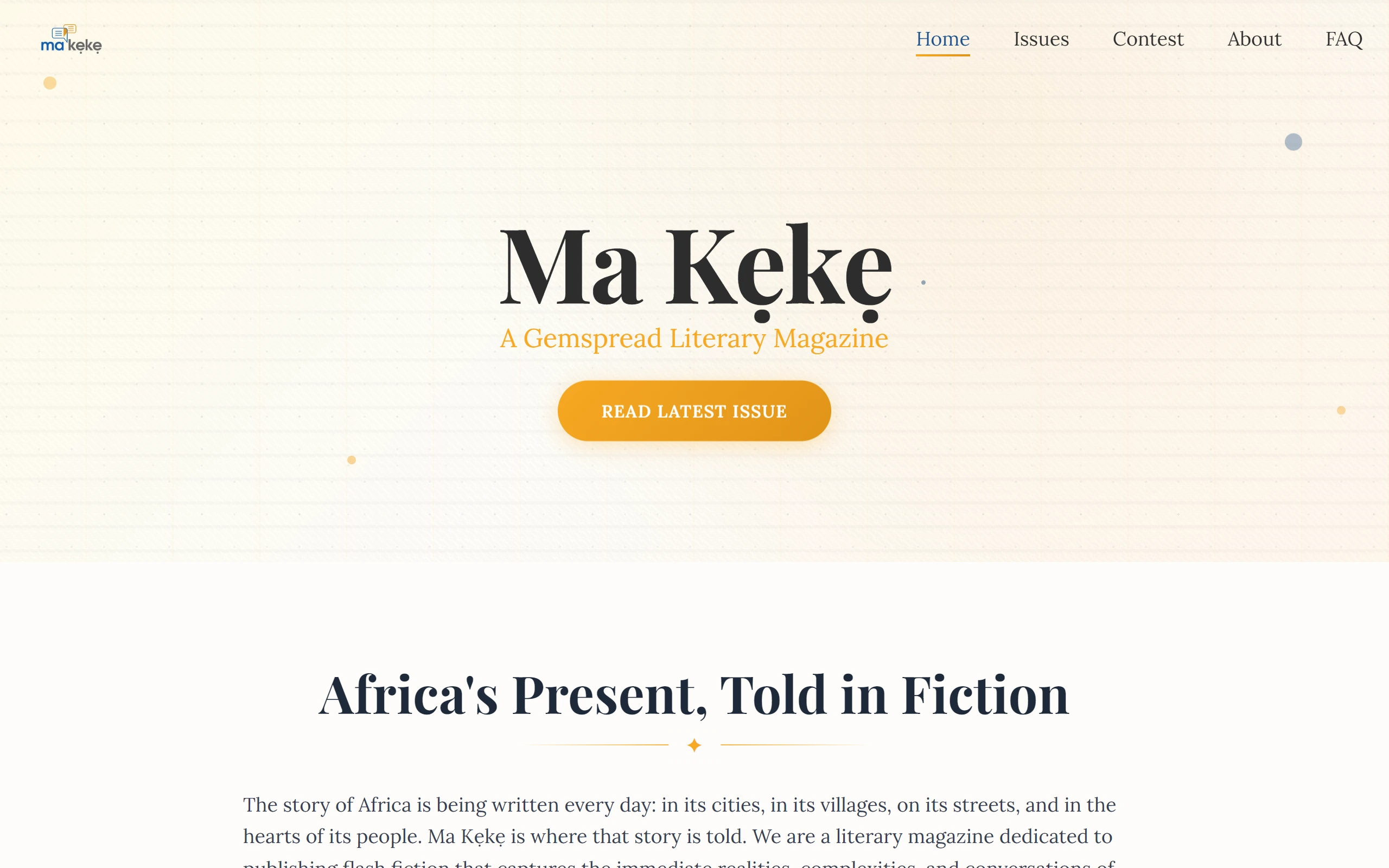 The Ma Kẹkẹ homepage on a laptop: the Ma Kẹkẹ wordmark and A Gemspread Literary Magazine over a warm paper texture, a Read latest issue button, then Africa's Present, Told in Fiction.