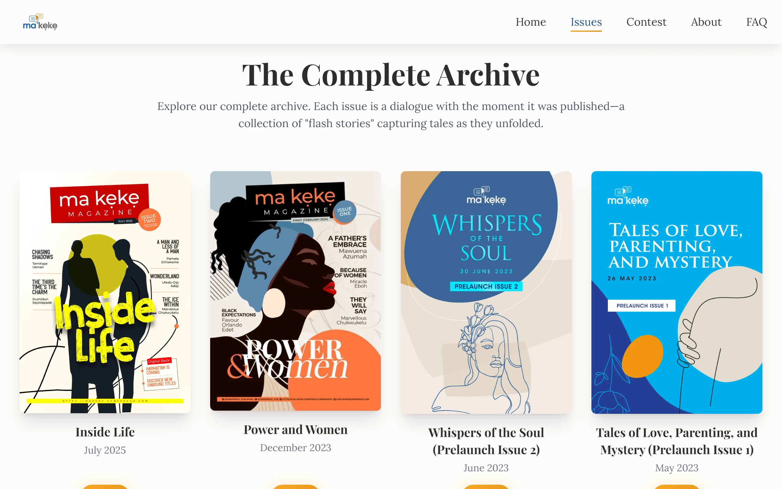 The Complete Archive on a laptop: four issue covers in a row, from Inside Life (July 2025) back to the first prelaunch issue (May 2023), each with its title and date.