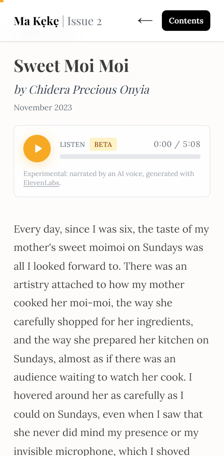 The story Sweet Moi Moi on a phone, from its title: the byline, then an audio player with a play button, a Listen label, a Beta tag and a length of 5:08, above a note that the narration is an AI voice generated with ElevenLabs, then the opening paragraph.
