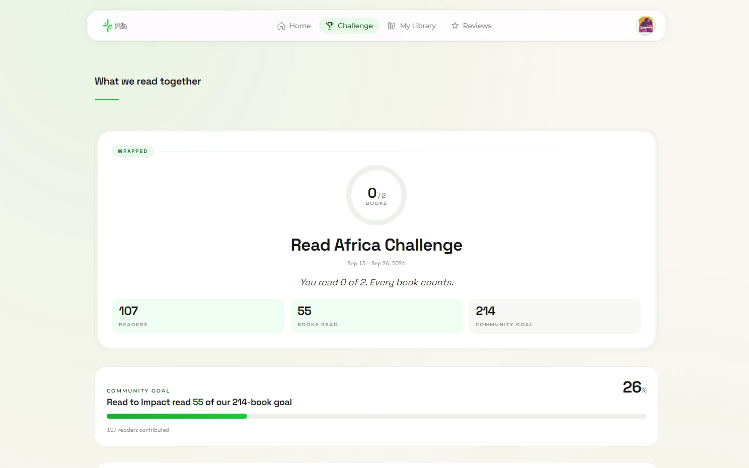 The live Lounge Challenge tab on a laptop after the Read Africa Challenge (Sep 2026): 107 readers, 55 books read and a 214-book community goal, above the community goal bar at 26%.