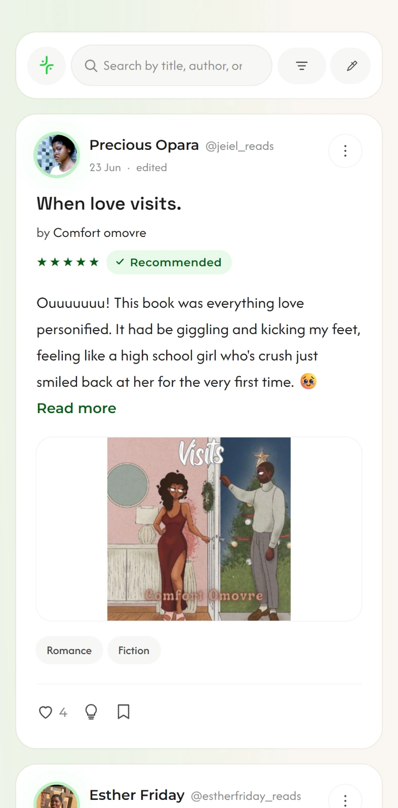 The live public reviews feed on a phone: a search bar, then a member's five-star review of 'When Love Visits', with its cover.