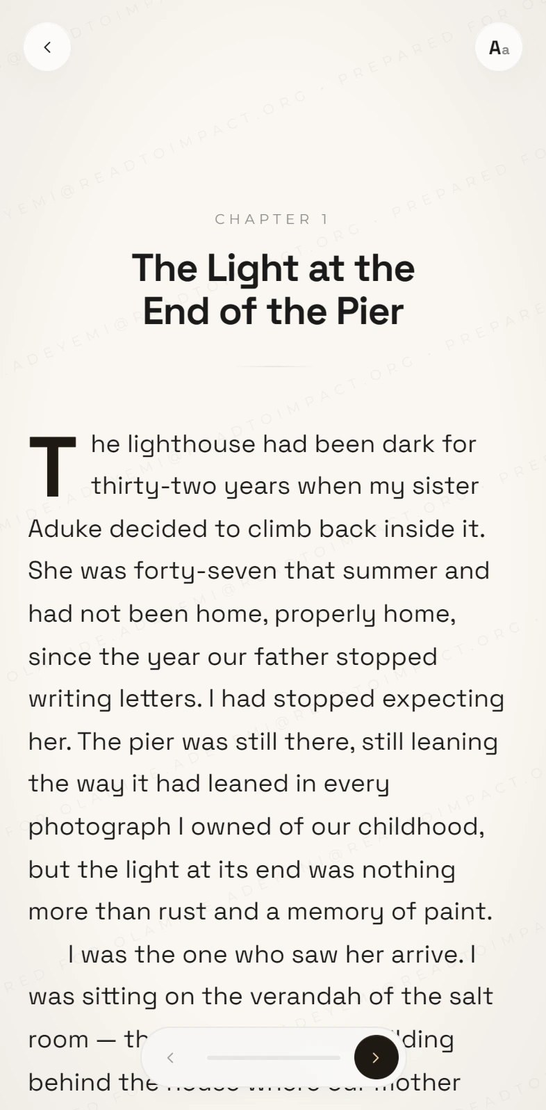 The ARC reader on a phone in its light theme: chapter 1, The Light at the End of the Pier, under a faint diagonal watermark, with the page controls at the bottom.