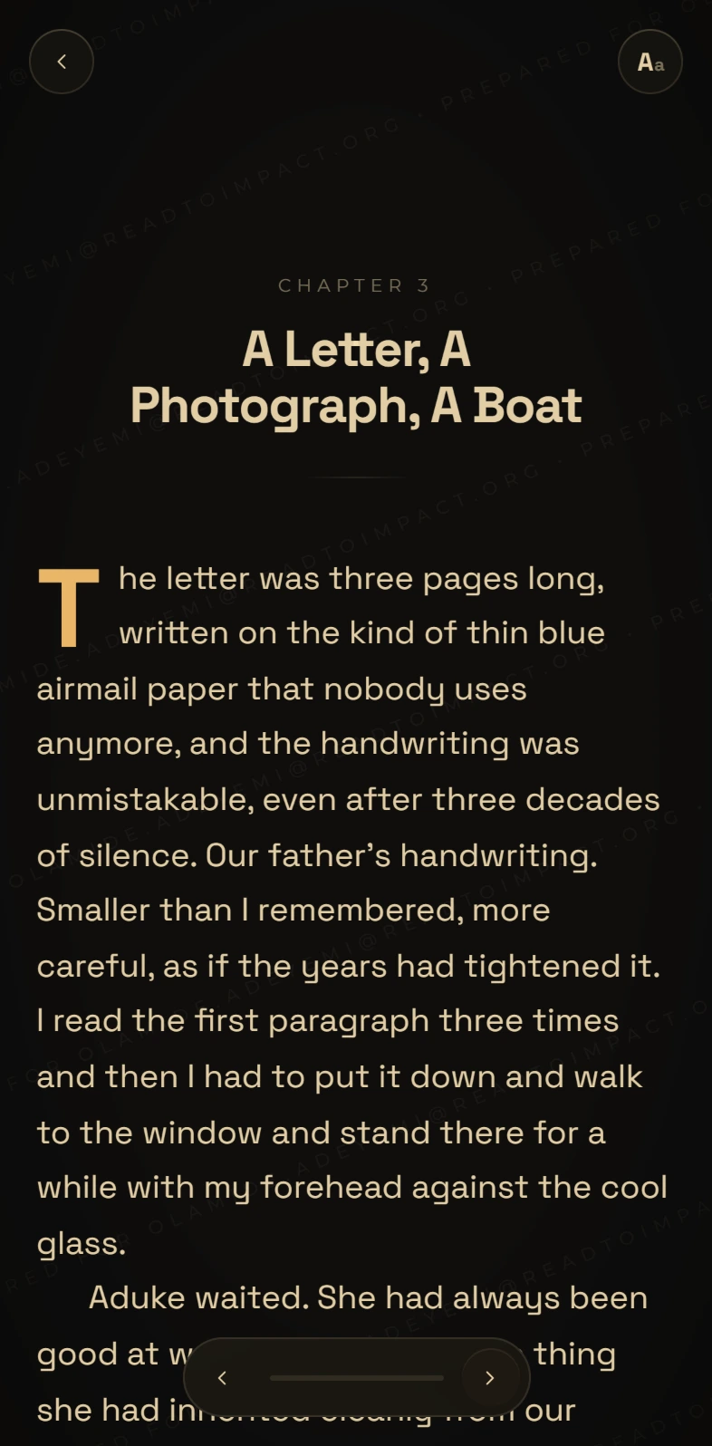 The ARC reader in its dark theme: chapter 3, A Letter, A Photograph, A Boat, in warm light text on near-black.